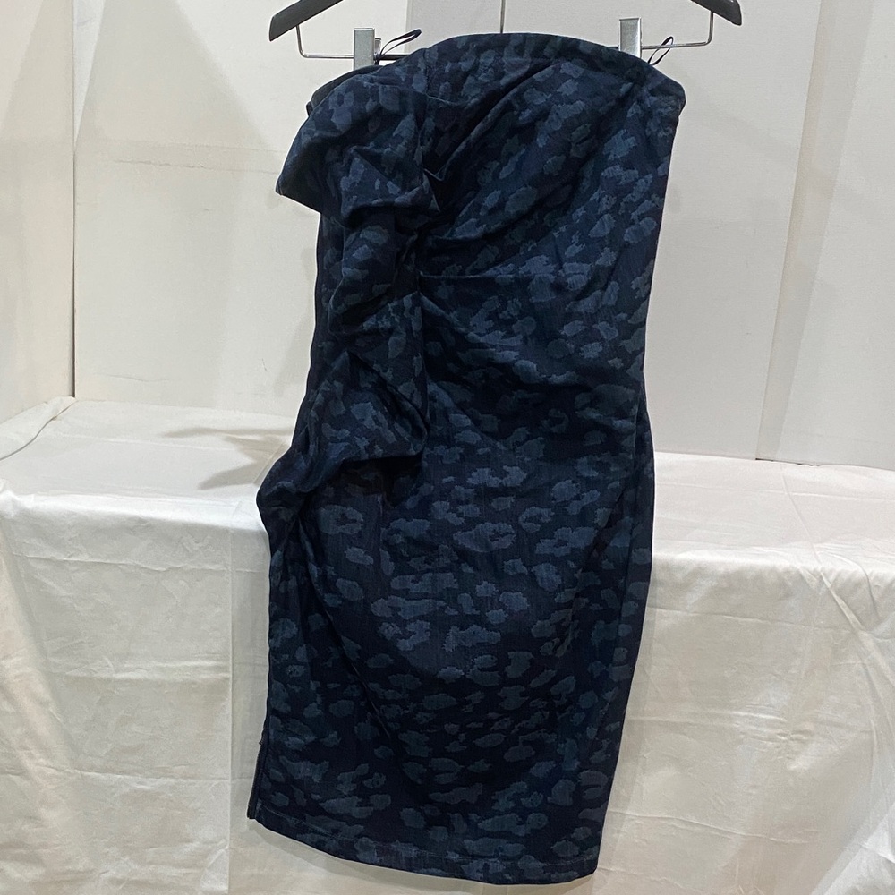 Lanvin Paris Navy Blue Denim Dual Side Zip Strapless Dress w front pouf EUC 40